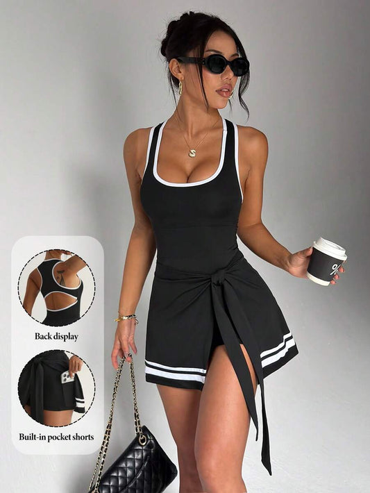 Dewbera Dewbera Women's Spring/Summer Sports Dress, Black Fitted 2 In 1 With Contrast Color Trim Hem, Contrast Stripe Patchwork, Tie Design, Side Slit, Fashionable And Sexy, With Built-In Shorts And Pockets, Suitable For Casual Wear, Running, Yoga, Gym, T