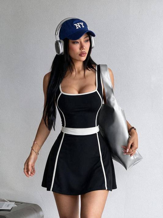 CourtClass CourtClass 1pc Navy White Contrast Piping Square Neck Sleeveless Tennis Dress, High Waist Flared Skirt Athletic Workout Mini Dress